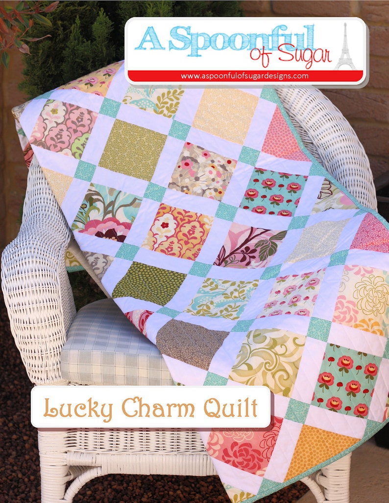 Patrón de costura en PDF para colcha Lucky Charm; ideal para cuadrados de tela; patrón de colcha para principiantes; colcha fácil; colcha para bebé; manta; compatible con piezas precortadas. imagen 4