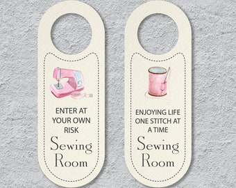 Retro Sewing Room Door Sign, Enter at Your Own Risk, Enjoying Life One Stitch at a Time PDF Printable