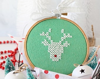 Rudolph Cross Stitched Hoop PDF Pattern