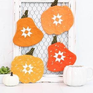 Può includere: Quattro presine trapuntate a forma di zucca in arancione, giallo e rosso con motivi a stella bianca sono esposte su uno sfondo di rete metallica bianca. Le presine sono appese a una cornice bianca.