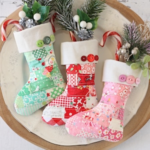 Scrappy Mini Stocking PDF Sewing Pattern; Christmas decoration; Holiday decor; festive stocking pattern; scrap sewing; patchwork stocking.