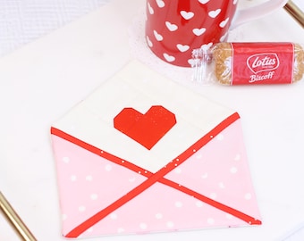 Love Letter Mugrug Coaster PDF Sewing Pattern, Valentines Mugrug, Foundation Paper Piecing Coaster, FPP project, Heart Mugrug