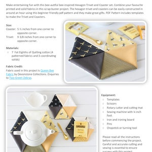 May include: A page from a sewing project guide titled "Easy Hexagon Trivet & Coasters." The image shows a completed trivet and coasters made from patterned fabrics, including bee and honeycomb designs. The trivet measures 9 3/8 inches from corner to corner.