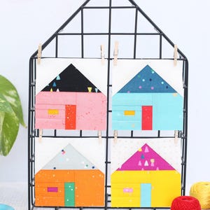 Modello PDF per quilt con blocchi di carta intrecciati "Charming Cottage Foundation", FPP, 5 misure: 2 pollici, 3 pollici, 4 pollici, 5 pollici, 6 pollici; blocco casa.
