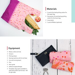 May include: A pink and white polka dot fabric tote bag with a pink and purple fabric top. The bag is filled with a loaf of bread and green leafy vegetables. The text "Eco Chopper" is at the top of the page. The text "Materials" is listed with a bullet point list of materials needed to make the bag. The text "Equipment" is listed with a bullet point list of equipment needed to make the bag. A close-up of the bag is shown folded with a black leather wallet with the initials "CR" on it.