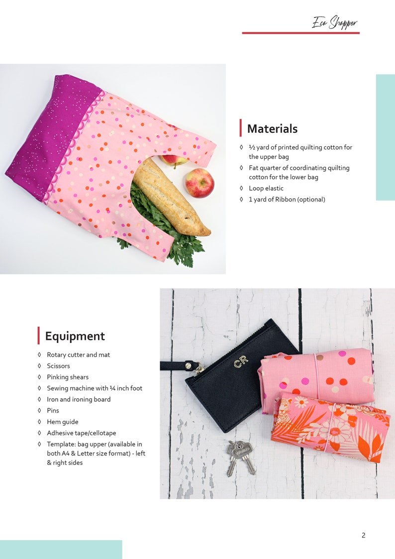 May include: A pink and white polka dot fabric tote bag with a pink and purple fabric top. The bag is filled with a loaf of bread and green leafy vegetables. The text "Eco Chopper" is at the top of the page. The text "Materials" is listed with a bullet point list of materials needed to make the bag. The text "Equipment" is listed with a bullet point list of equipment needed to make the bag. A close-up of the bag is shown folded with a black leather wallet with the initials "CR" on it.