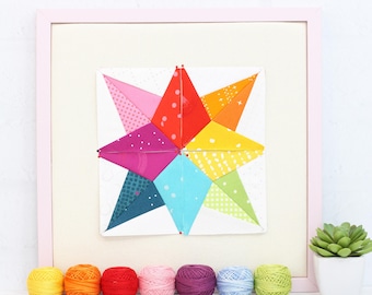 Modello PDF per quilt con blocco di carta per patchwork a forma di stella a otto punte, FPP 5 misure: 2 pollici, 3 pollici, 4 pollici, 5 pollici, 6 pollici, stampa a casa