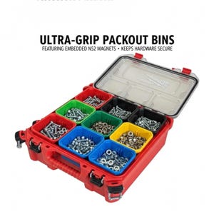 May include: Red Ultra-Grip Packout Bins with clear lid and colorful compartments filled with hardware. The text "ULTRA-GRIP PACKOUT BINS" is displayed at the top of the image. The bins feature embedded N52 magnets to keep hardware secure.