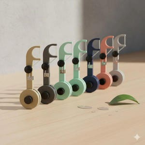 May include: A row of colorful dental floss dispensers in shades of beige, gray, mint green, navy blue, coral, and light gray. Each dispenser has a circular base and a curved top, with a black button and a small metal piece.
