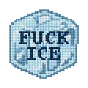May include: A pixelated ice cube design in shades of blue and white, with the words "FUCK ICE" in dark blue block letters. The image has a square shape with rounded corners, and a white background.