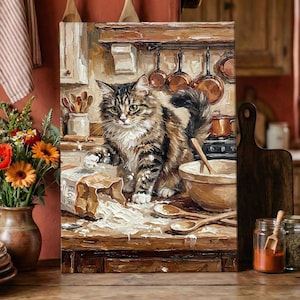 Funny Tabby Cat Baking Bread Art, Kitchen Wall Decor, Baker Gift, Farmhouse Digital Print