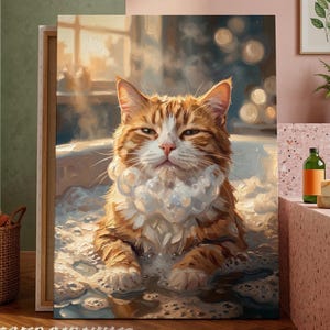Puede incluir: Una impresión en lienzo muestra un gato naranja y blanco en un baño de burbujas. El gato está rodeado de burbujas, con una expresión serena. La obra de arte está ambientada en un baño con iluminación cálida y una estética acogedora.