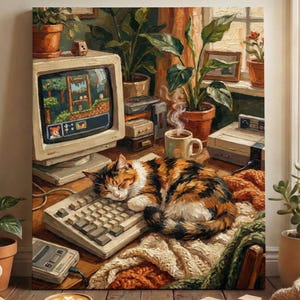 Art mural de jeu de chat calicot, configuration d'ordinateur rétro, style empâtement, téléchargement numérique