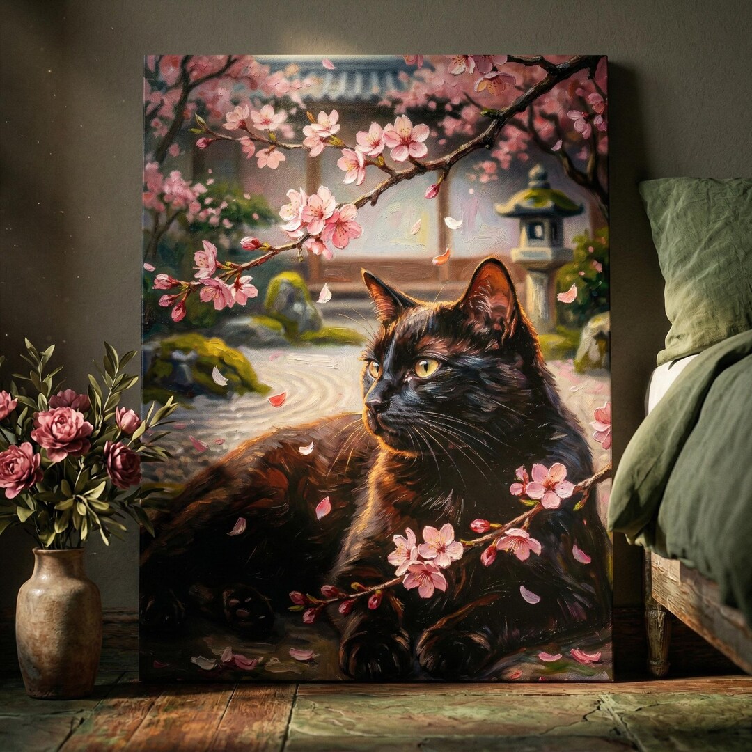 Black Cat Zen Garden Wall Art, Japanese Meditation Decor, Sakura ...