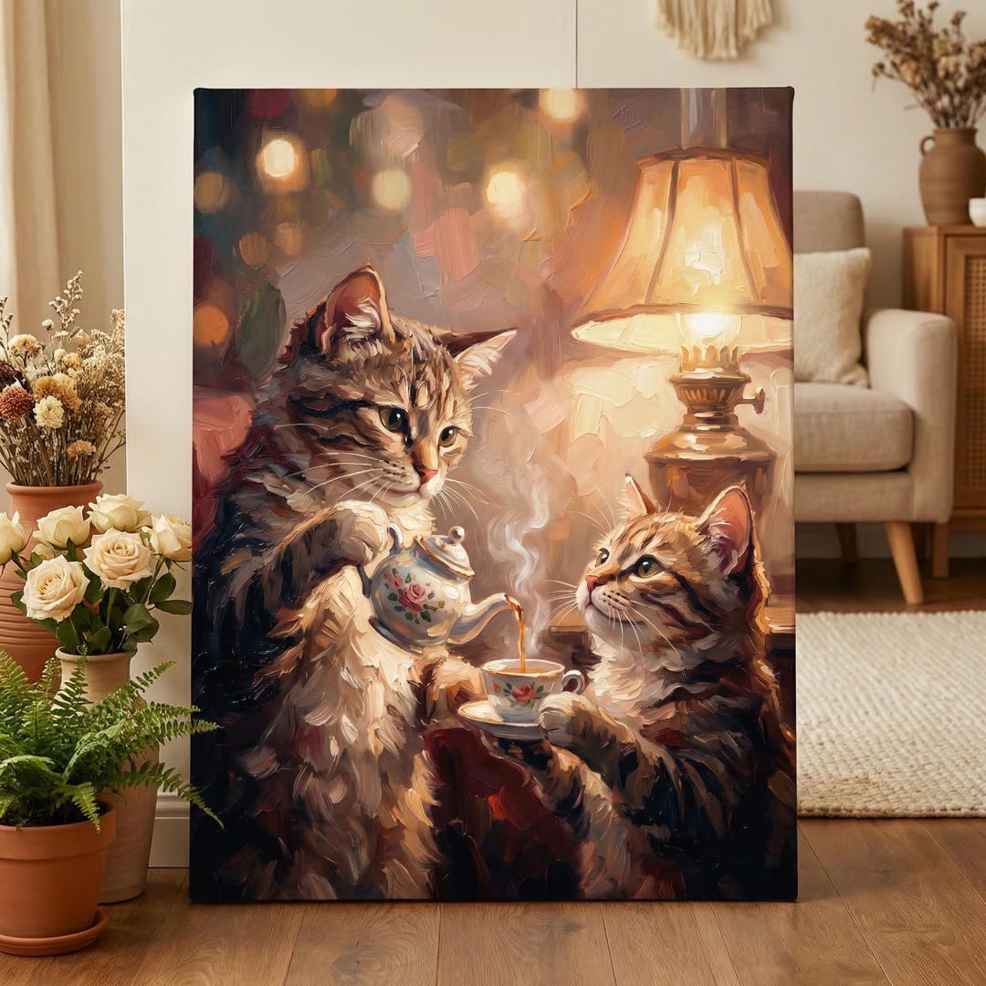 Cats Tea Party Wall Art, Cat Drinking Tea Print, Cottagecore Kitchen ...