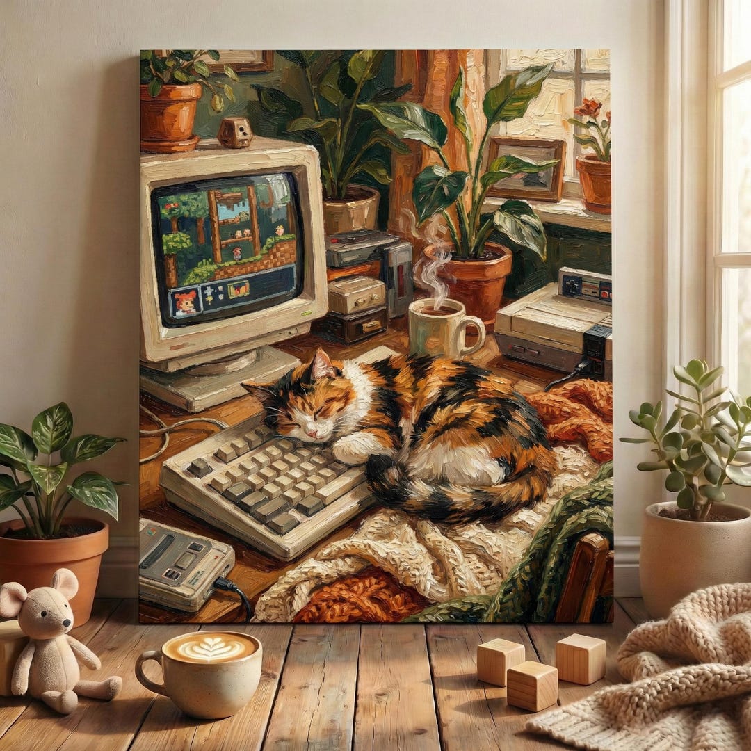 Calico Cat Gaming Setup Print - Retro Computer Cat Wall Art, Cozy Gamer ...