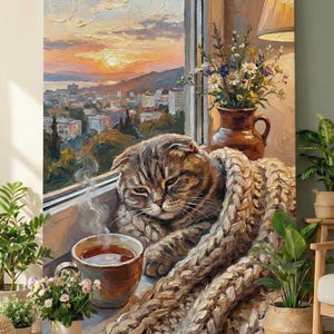 Cuadro decorativo de pared con diseño de gato Scottish Fold al atardecer, lámina de gato para una velada acogedora, decoración hygge para el hogar.