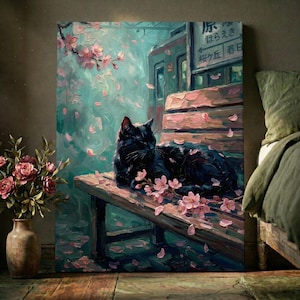 May include: An oil painting depicts a black cat resting on a wooden bench, surrounded by pink cherry blossoms. A train and Japanese signage are in the background. A vase of pink roses sits to the left. The color palette is soft with teal, pink, and brown tones.