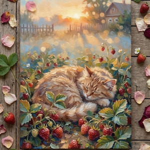 Op de afbeelding: Een canvas print van een slapende oranje tabby kat genesteld tussen aardbeienplanten. Het kunstwerk heeft een warm kleurenpalet met een zonsondergang op de achtergrond. Verspreide rozenblaadjes en aardbeien liggen op een houten oppervlak.