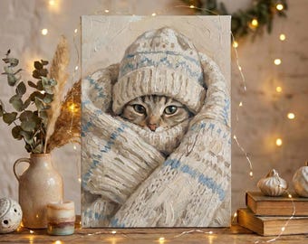 Quadro invernale con gatto in maglione, decorazione natalizia con gattino carino, stile impasto, download digitale.