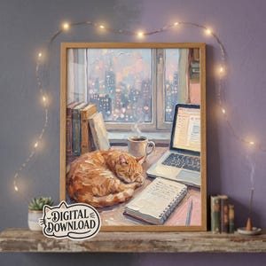 May include: An impressionistic art print in a wooden frame depicting an orange tabby cat curled up on a desk next to a laptop, a mug, and a stack of books. The scene is set before a window overlooking a city skyline at dusk with soft lighting.