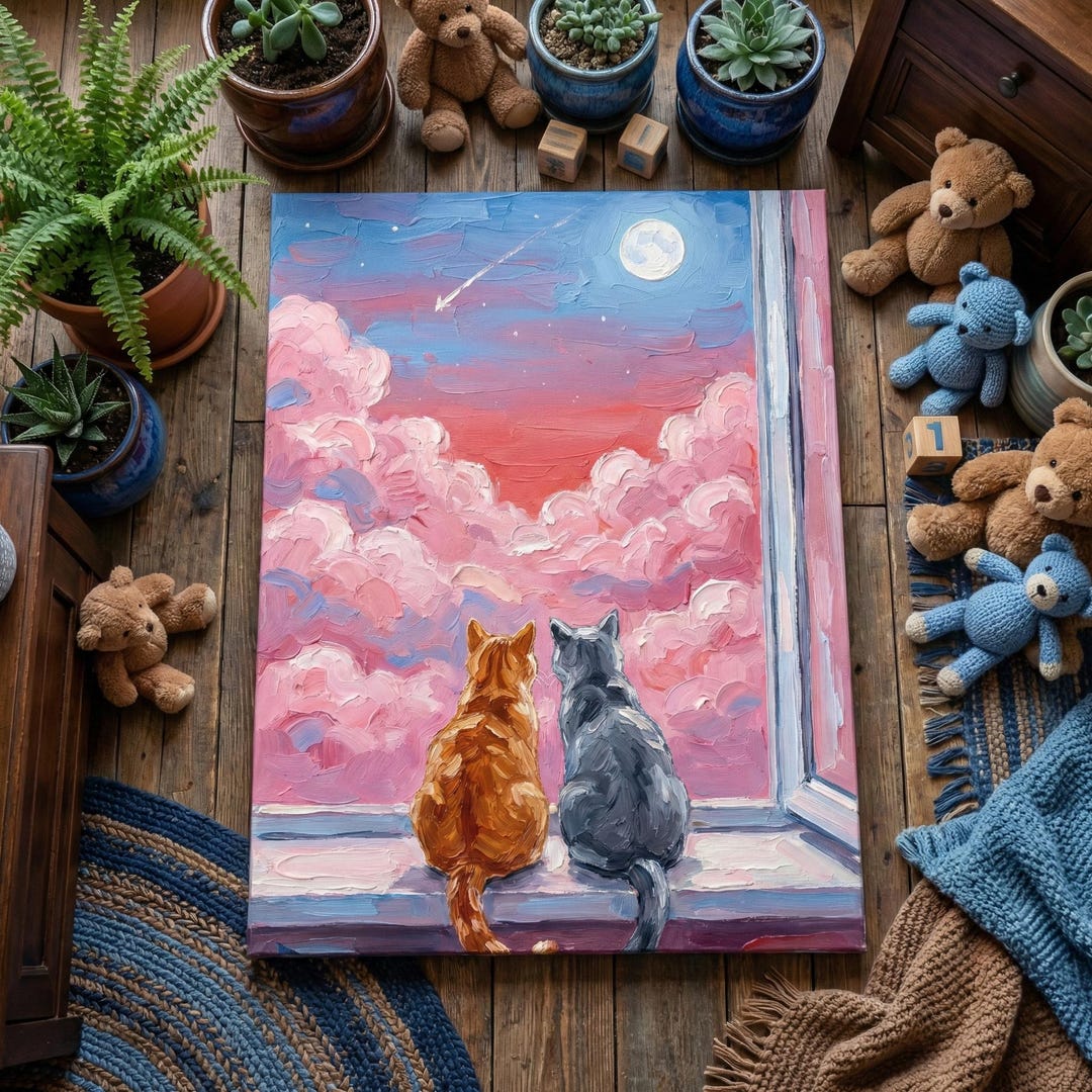Two Cats Sunset Window Impasto Art Print, Whimsical Moon Shooting Star ...