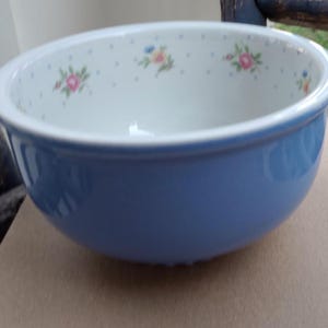 May include: A round ceramic mixing bowl with a smooth, solid light blue exterior. The interior is white and features a delicate pattern of small blue polka dots interspersed with tiny, colourful floral clusters of pink, yellow, and green.
