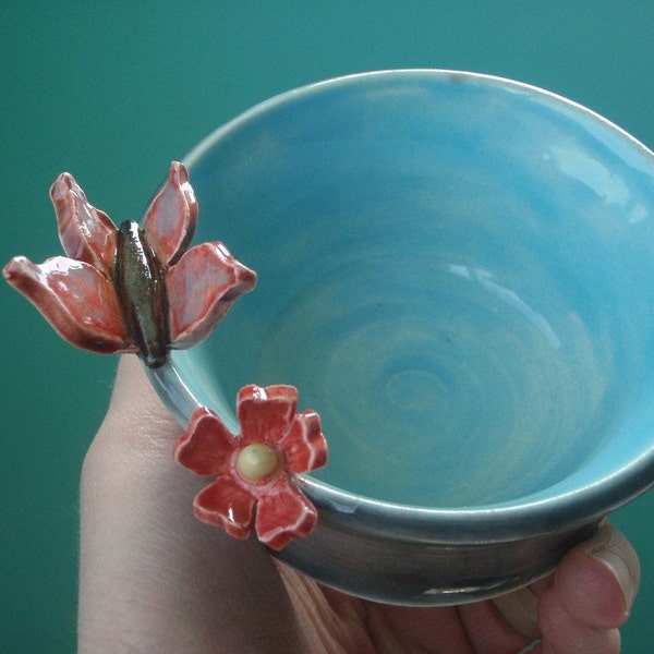 FREE SHIPPING - Ceramic Bowl - Ceramic Dish - Ceramic Flower - Ceramic Butterfly - Light Blue and Grey Gray Pottery