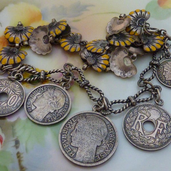 FRENCH GYPSY COIN bracelet  antique vintage assemblage  boho love token necklace
