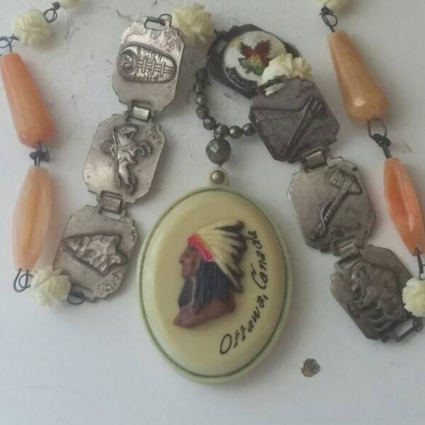 OH CANADA INDIAN Ottowa vintage antique assemblage slide locket necklace