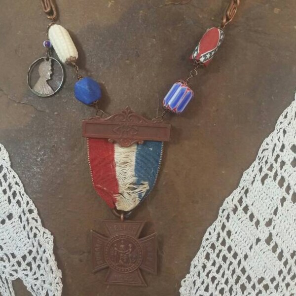 WOMEN of AMERICA  vintage  assemblage antique patriotic USA necklace