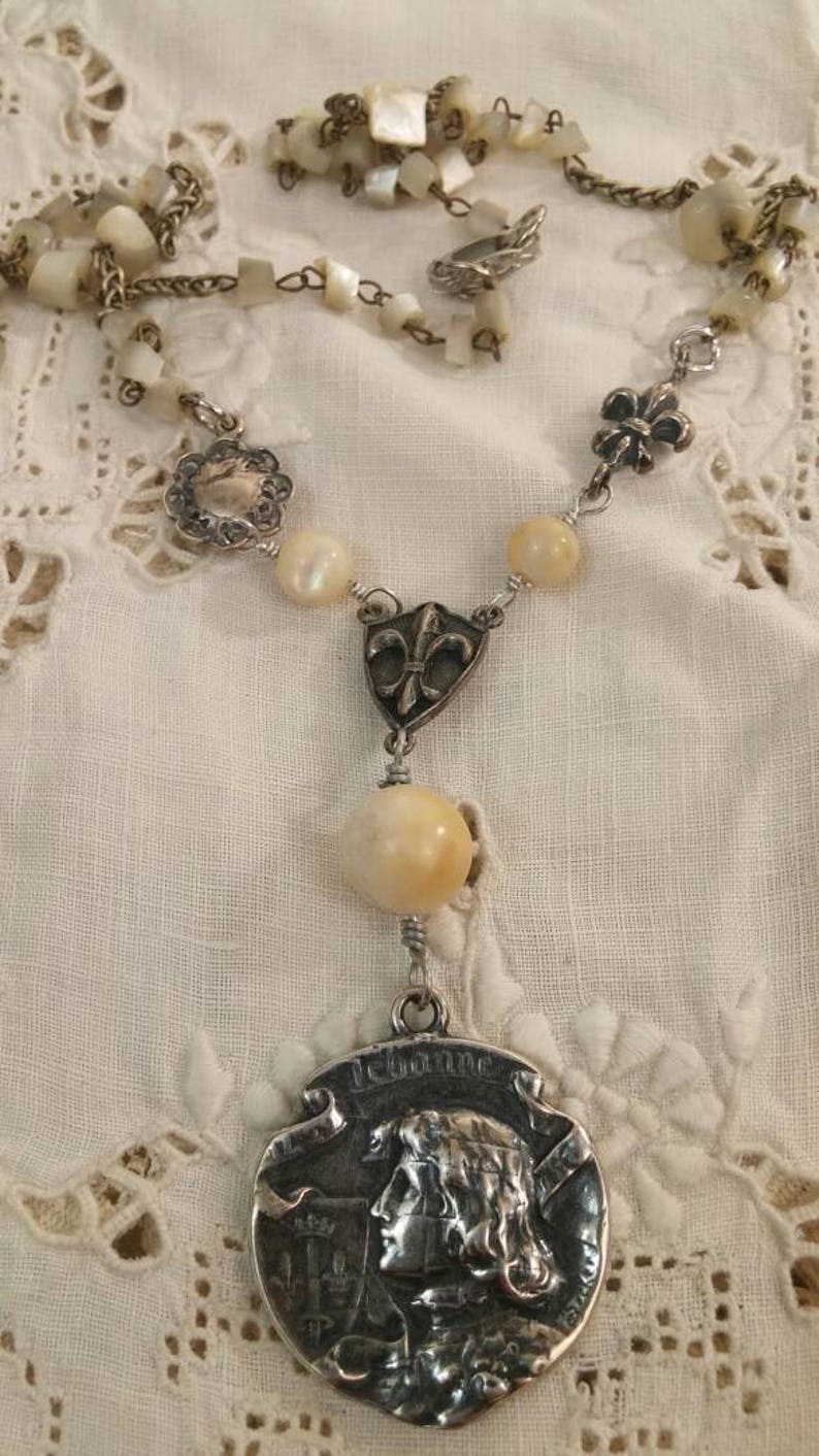 JOAN of ARC MEDAL religious vintage assemblage necklace