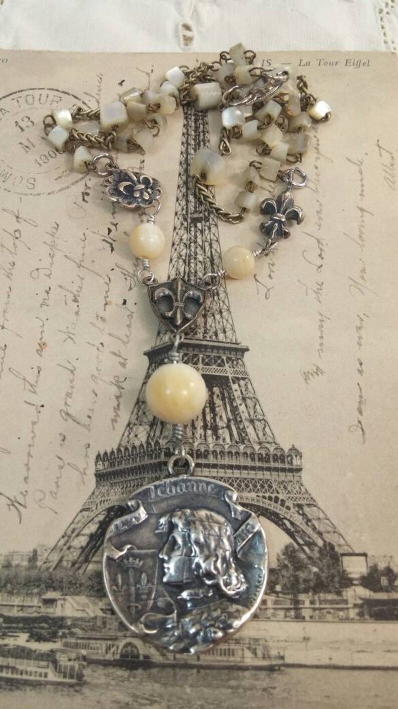 JOAN of ARC MEDAL religious vintage assemblage necklace
