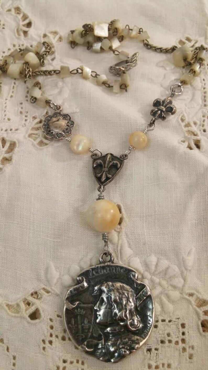 JOAN of ARC MEDAL religious vintage assemblage necklace