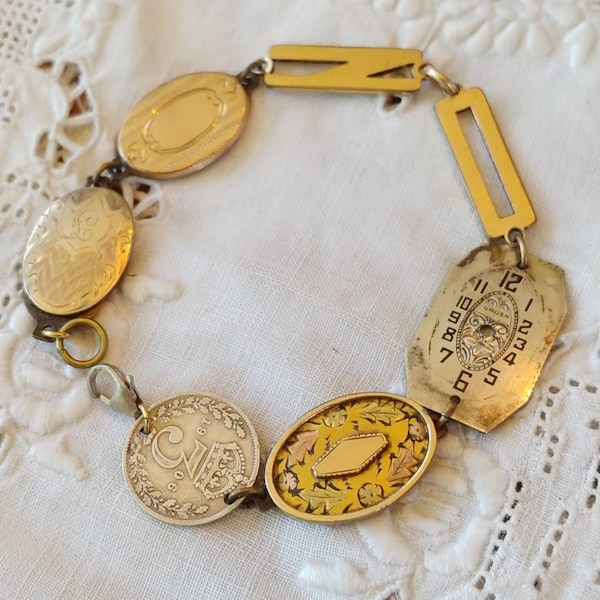 NO TIME gold filled cuff link watch face vintage antique assemblage bracelet