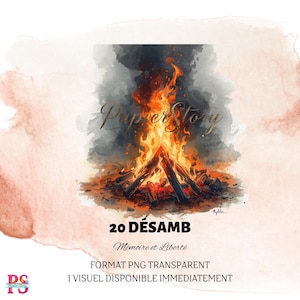 Puede incluir: Ilustración en acuarela de una hoguera con llamas de color naranja brillante y humo oscuro. El texto "Paper Story" está en escritura dorada sobre el fuego. Debajo del fuego está el texto "20 DÉSAMB" y "Mémoire et Liberté".
