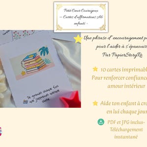 May include: A white card with a colorful illustration of stacked books and a palm leaf. The card has the text "Je grandis chaque fois que j'apprends quelque chose." Additional text in French promotes affirmations for children.
