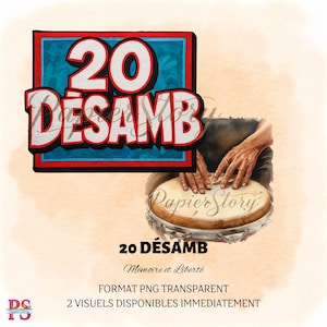 Puede incluir: Gráfico digital con el texto "20 DÉSAMB" en blanco, enmarcado en rojo y azul. La imagen incluye una ilustración en acuarela de manos tocando un tambor, con texto adicional debajo.
