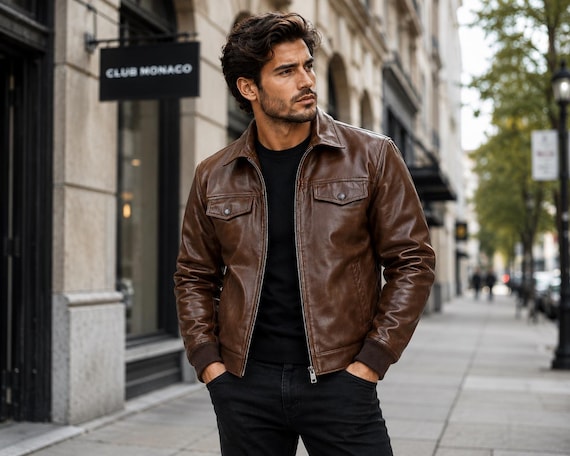 Men’s Genuine Leather Jacket , Classic Trucker Style Leather Jacket for Men , Handmade Cowhide Jacket ,Men’s Vintage Leather Bomber Jacket