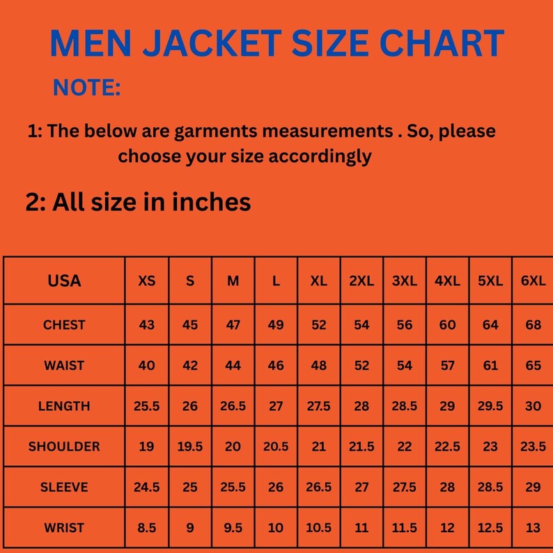 以下が含まれることがあります： オレンジ色の「MEN JACKET SIZE CHART」というタイトルのチャートで、インチ単位のサイズ測定値が記載されています。XSから6XLまでのサイズについて、胸囲、ウエスト、着丈、肩幅、袖丈、手首の測定値が含まれています。テキストは、測定値が衣類用であることを示しています。