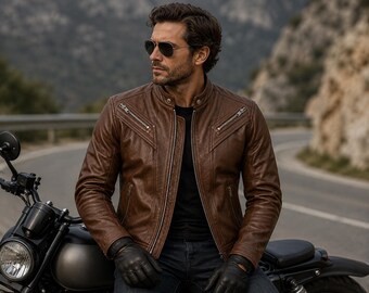 メンズ本革バイカージャケット – プレミアム牛革モーターサイクルジャケット – カフェレーサースタイルレザージャケット