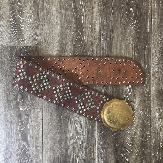 Vintage Moroccan Wide Leather & Brass Belt - Gem