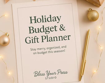 May include: A holiday-themed image featuring a planner with the text "Holiday Budget & Gift Planner." The image includes a gold pen, ornaments, a wrapped gift, and string lights. The planner's text encourages staying merry and organized.