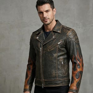 Peut inclure: Veste en cuir marron vieilli avec des motifs de flammes sur les manches. La veste présente un style motard classique avec un col cranté, une fermeture éclair asymétrique et des détails matelassés aux épaules. Les flammes sont orange et marron.
