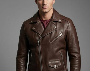 Men’s Brown Leather Biker Jacket – Handmade Vintage Cafe Racer Moto Jacket.