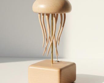 Automa medusa in legno, giocattolo medusa meccanica, medusa cinetica in legno, arte dell'automa medusa, scultura in legno in movimento, giocattolo cinetico da scrivania