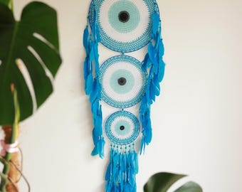 Acchiappasogni con occhio malvagio, acchiappasogni con piume, acchiappasogni blu, acchiappasogni da parete, acchiappasogni boho, decorazioni per la casa con occhio malvagio, acchiappasogni grande