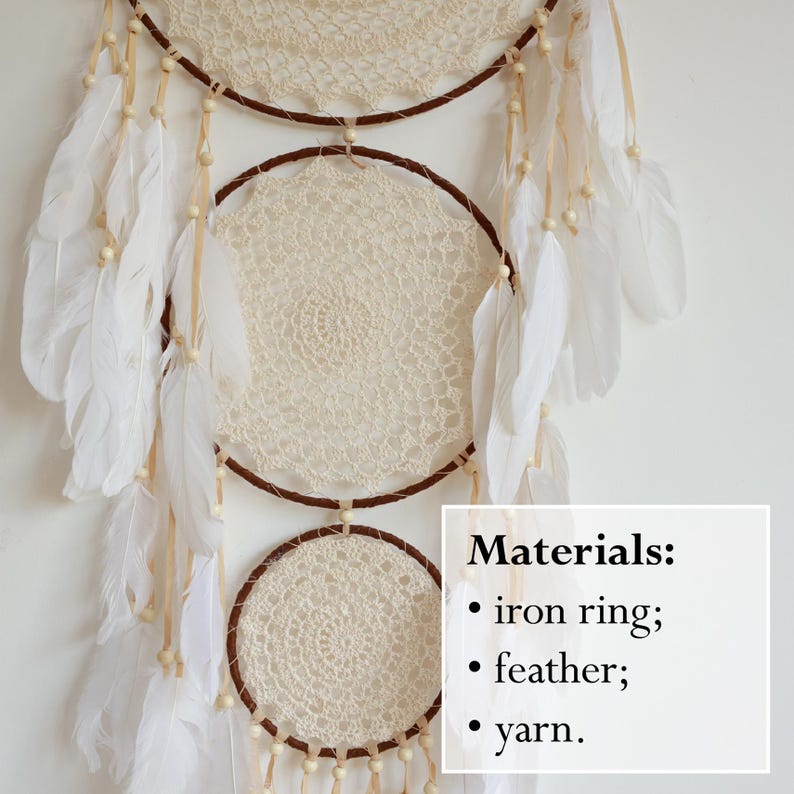 May include: A cream-colored dream catcher with three circular woven sections, brown rings, and white feathers. The dream catcher is adorned with cream-colored yarn and wooden beads. The text in the image says "Materials: iron ring; feather; yarn."