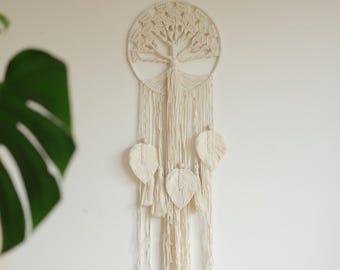 Arazzo da parete in macramè con albero della vita, grande arazzo da parete in macramè, decorazione da parete in macramè beige, arazzo da parete in macramè boho, arazzo da parete in macramè con foglie