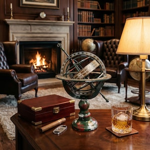Decorazione con globo celeste, decorazione con sfera armillare, scultura di globo antica, decorazione per ufficio astrologico, decorazione astronomica vintage